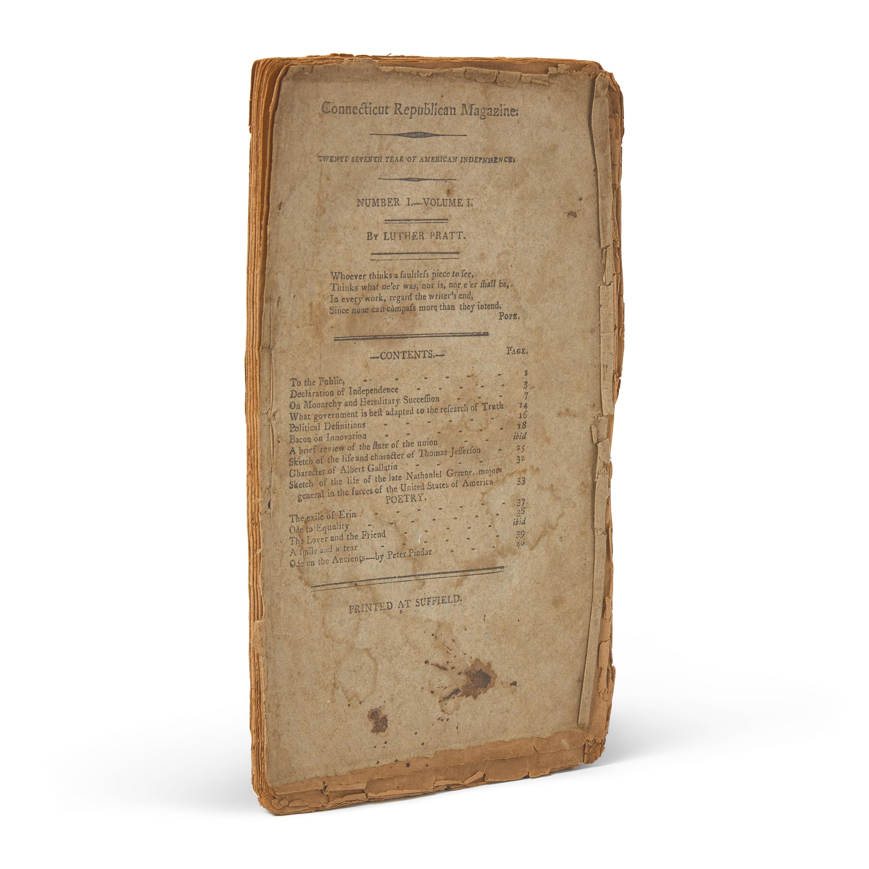 [Declaration of Independence] Pratt, Luther. Connecticut Republican Magazine. Number 1, Volume 1, 1802