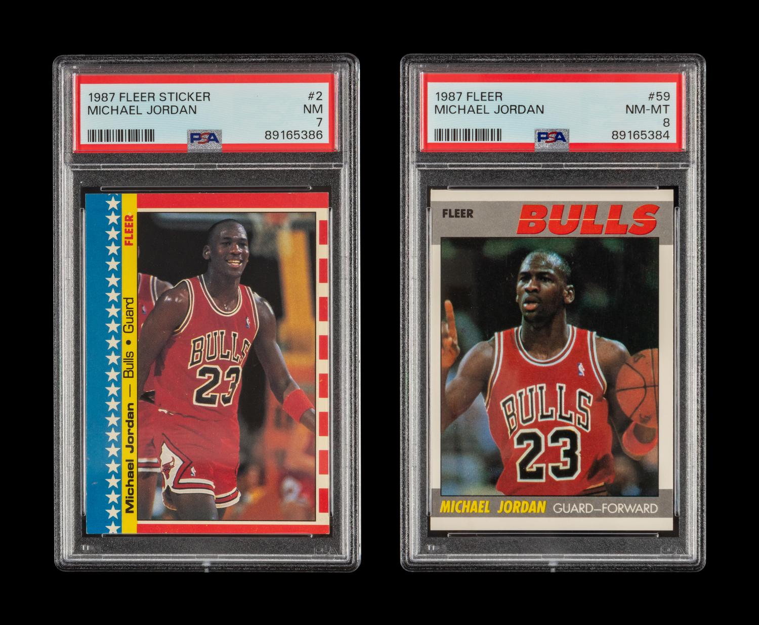 A 1987 Fleer Michael Jordan Basketball Card No. 59 (PSA 8 NM-MT) and Sticker No. 2 (PSA 7 NM)