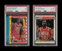 A 1987 Fleer Michael Jordan Basketball Card No. 59 (PSA 8 NM-MT) and Sticker No. 2 (PSA 7 NM)