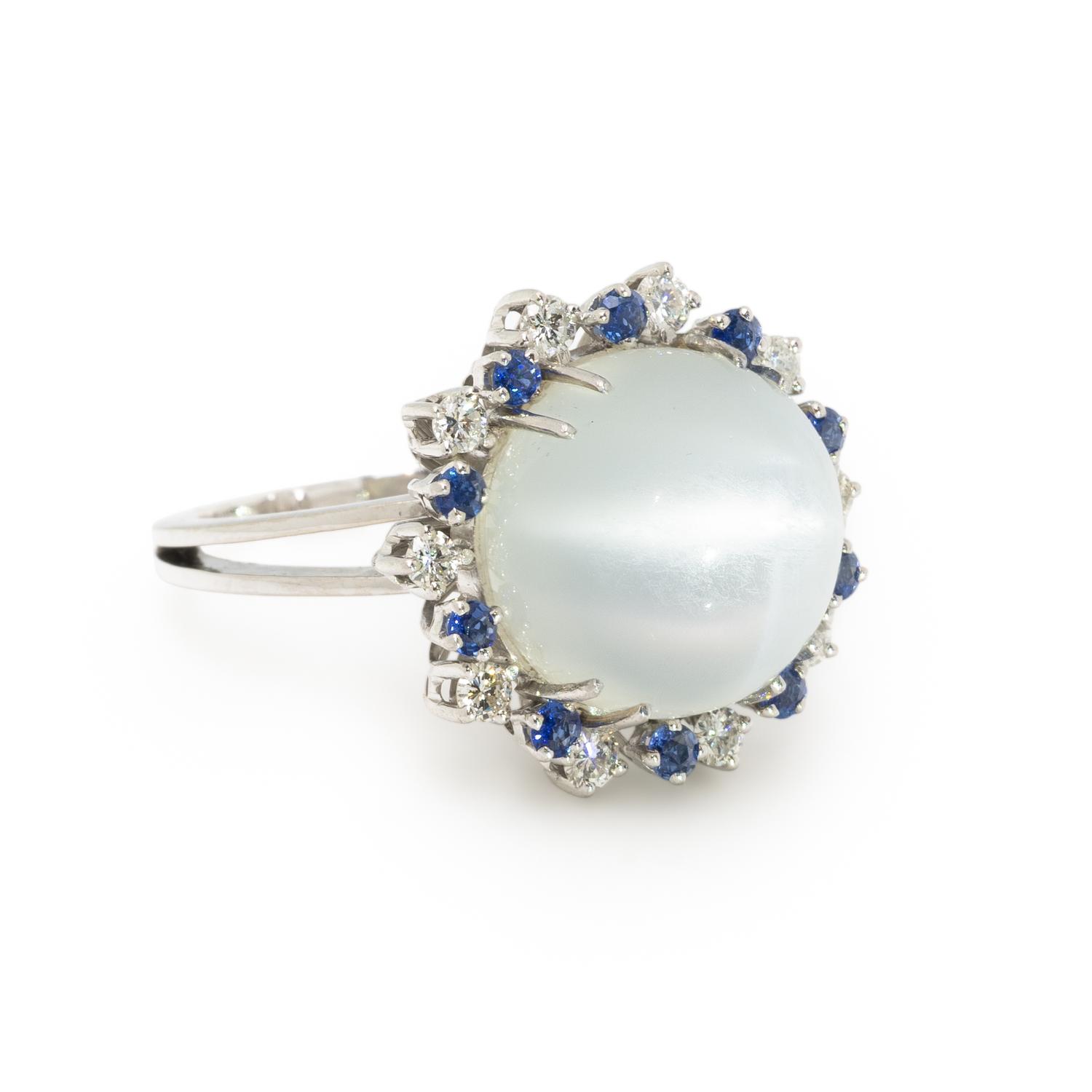 CAT'S EYE MOONSTONE, DIAMOND, AND SAPPHIRE RING