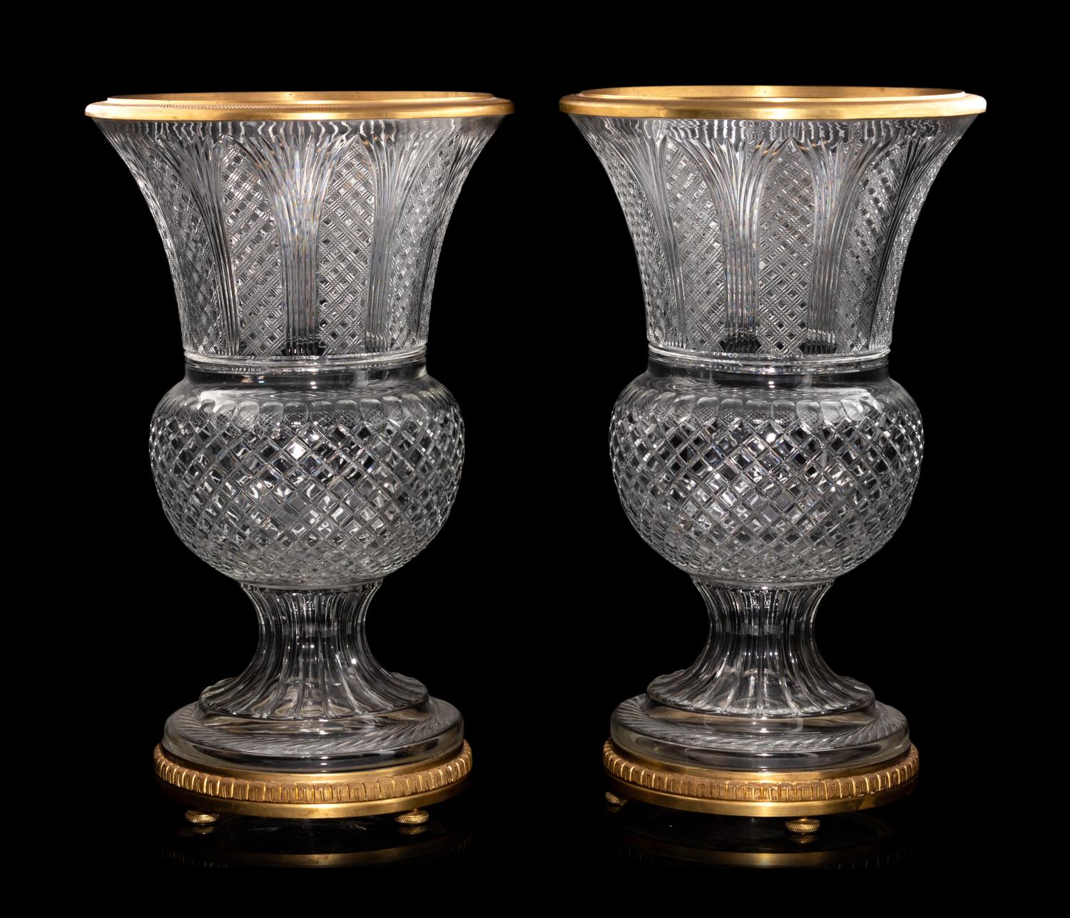 A Pair of Gilt Bronze Mounted Cut Glass Urns