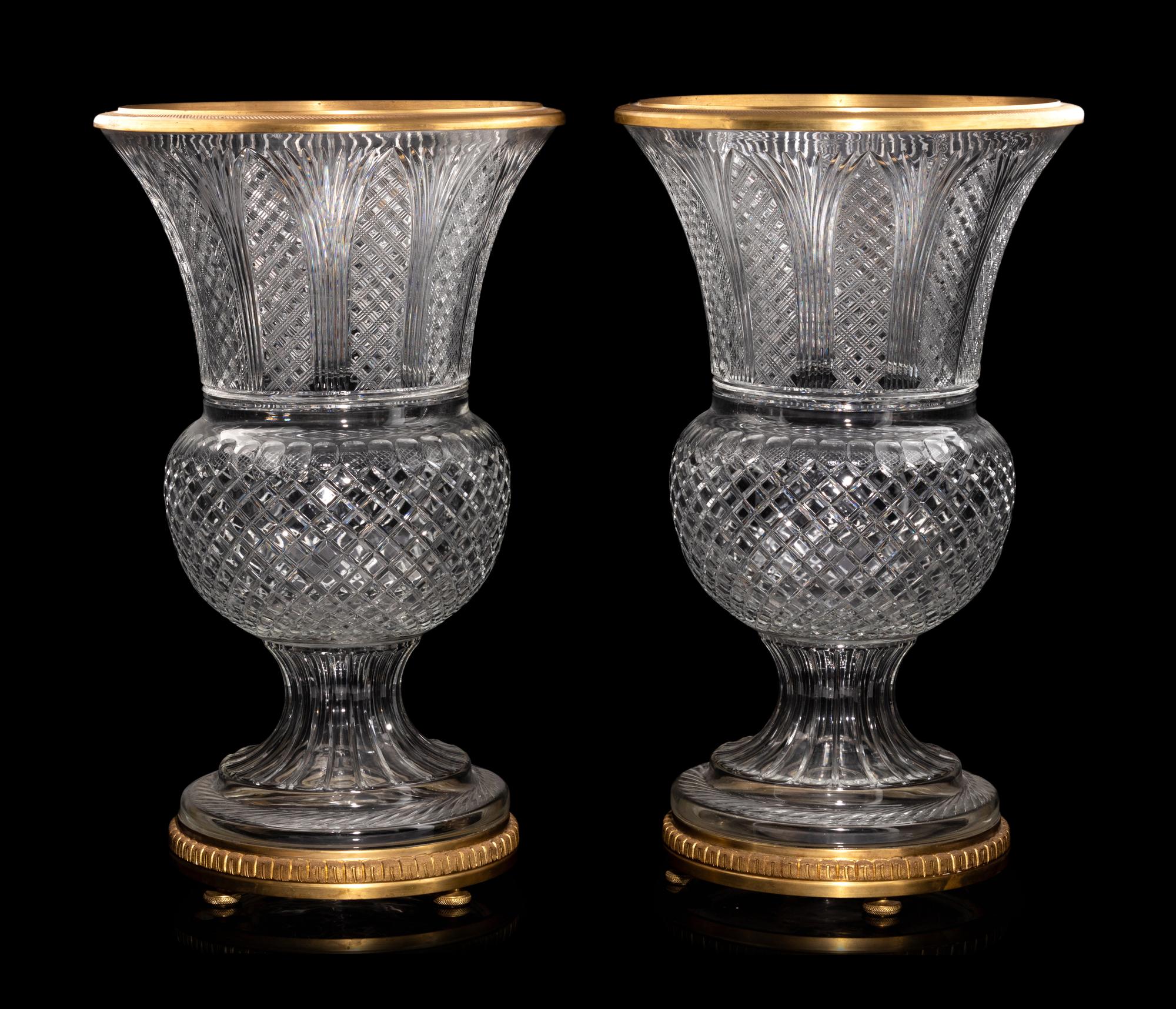 A Pair of Gilt Bronze Mounted Cut Glass Urns
