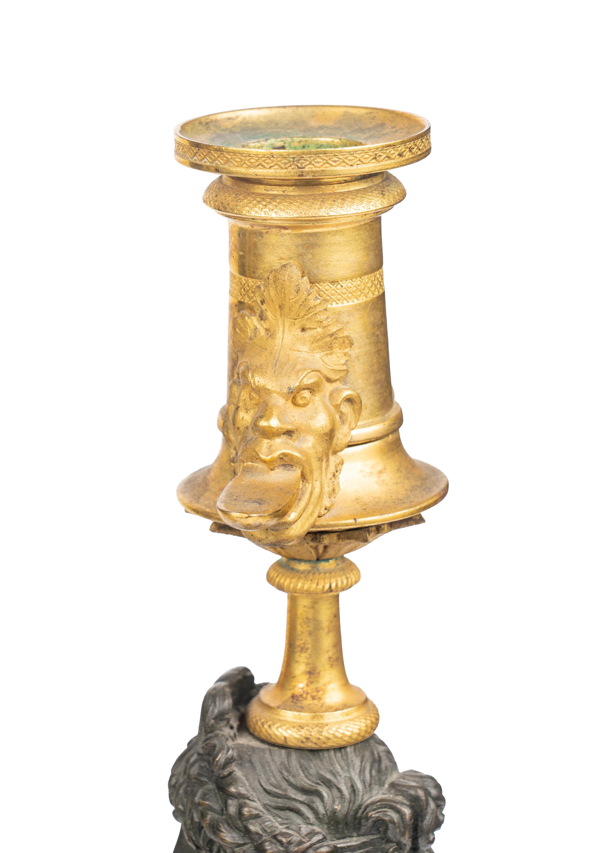 A Pair of Empire Gilt and Patinated Bronze Three-Light Candelabra