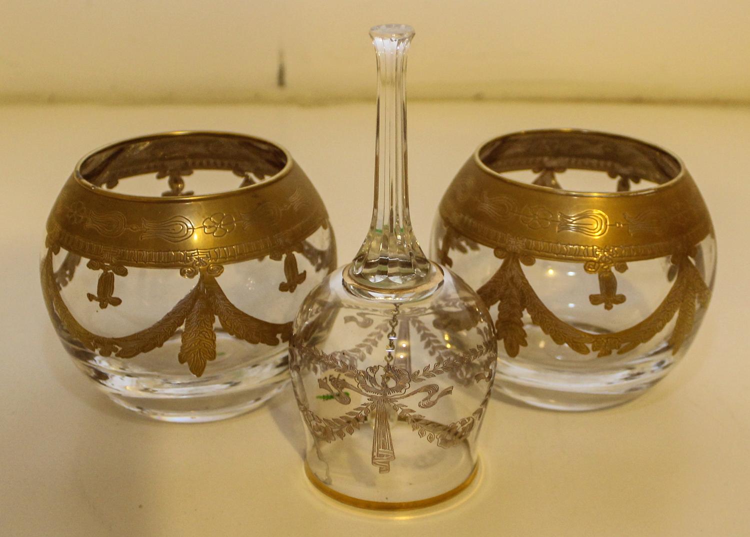 Three Gilt Glass Articles. Height of bowls 3 5/8 inches.