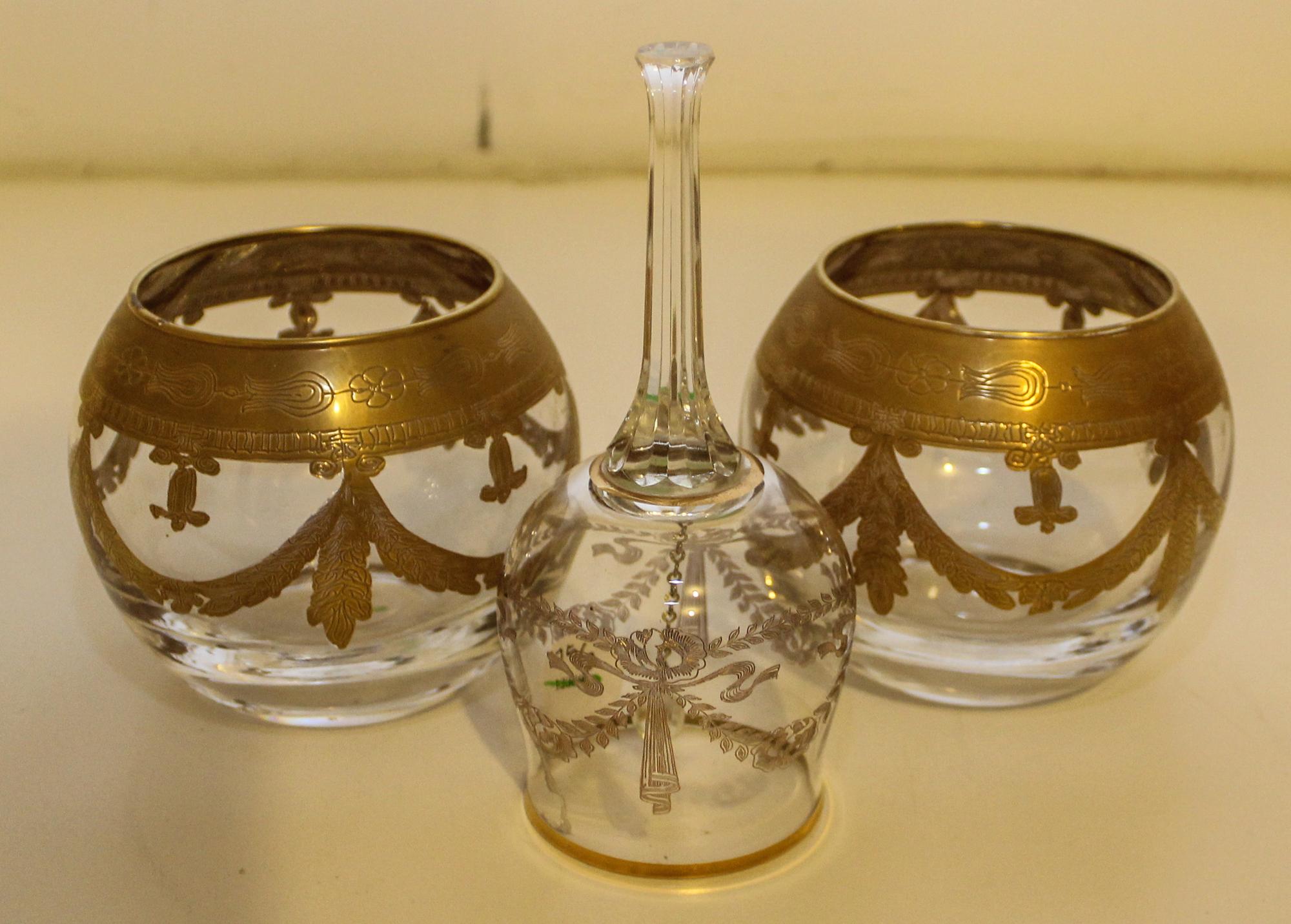 Three Gilt Glass Articles. Height of bowls 3 5/8 inches.