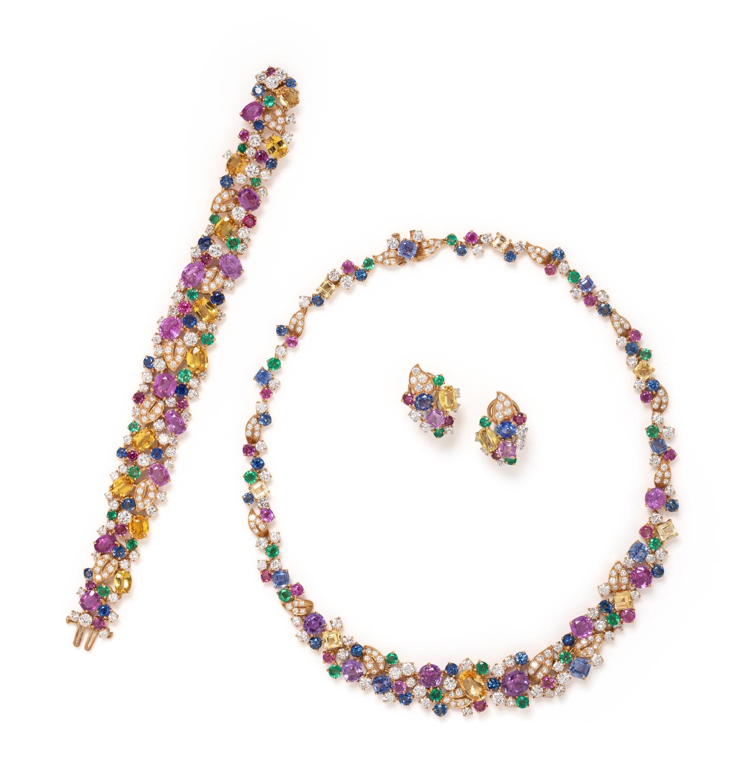 OSCAR HEYMAN & BROTHERS, MULTICOLOR SAPPHIRE, EMERALD AND DIAMOND PARURE