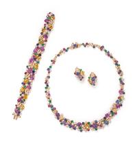 OSCAR HEYMAN & BROTHERS, MULTICOLOR SAPPHIRE, EMERALD AND DIAMOND PARURE