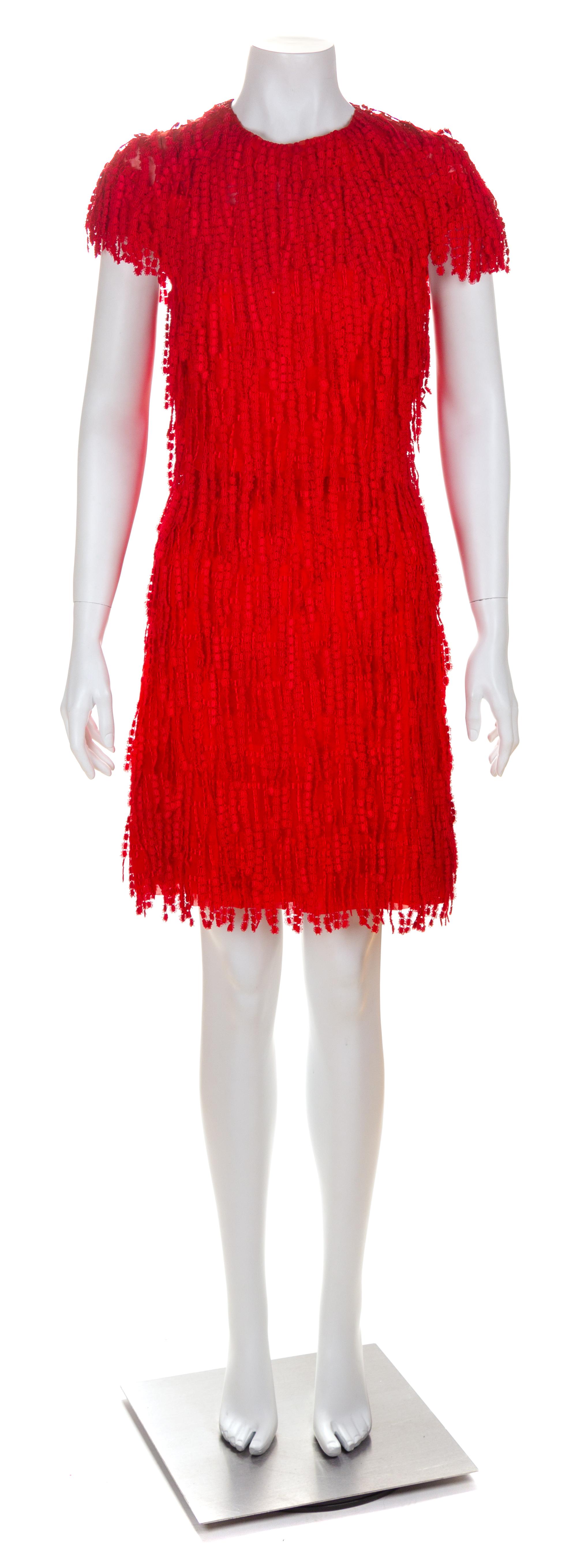 An Arnold Scaasi Red Silk and Fringe Cocktail Dress, No size.