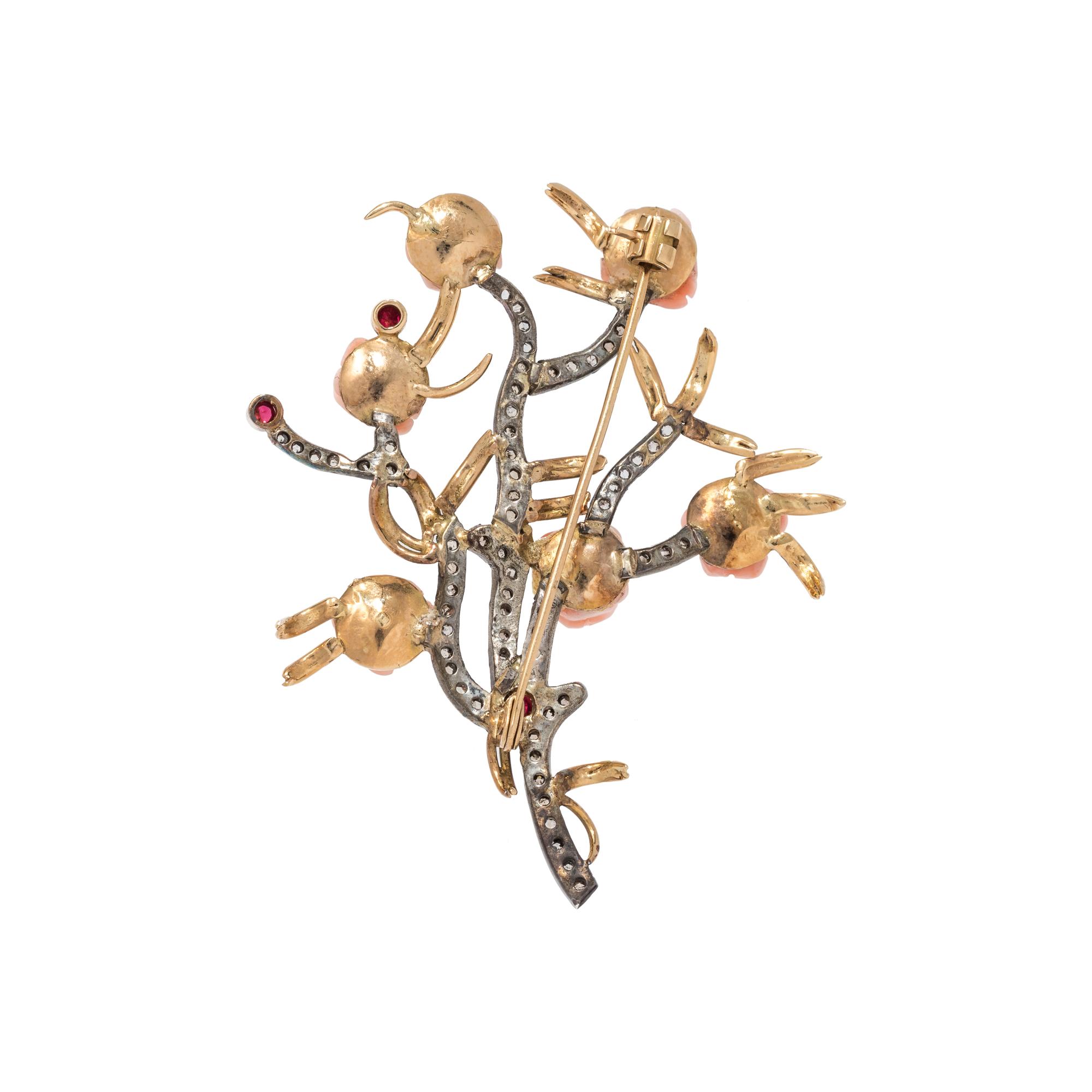 CORAL, RUBY AND DIAMOND ROSEBUSH PENDANT/BROOCH