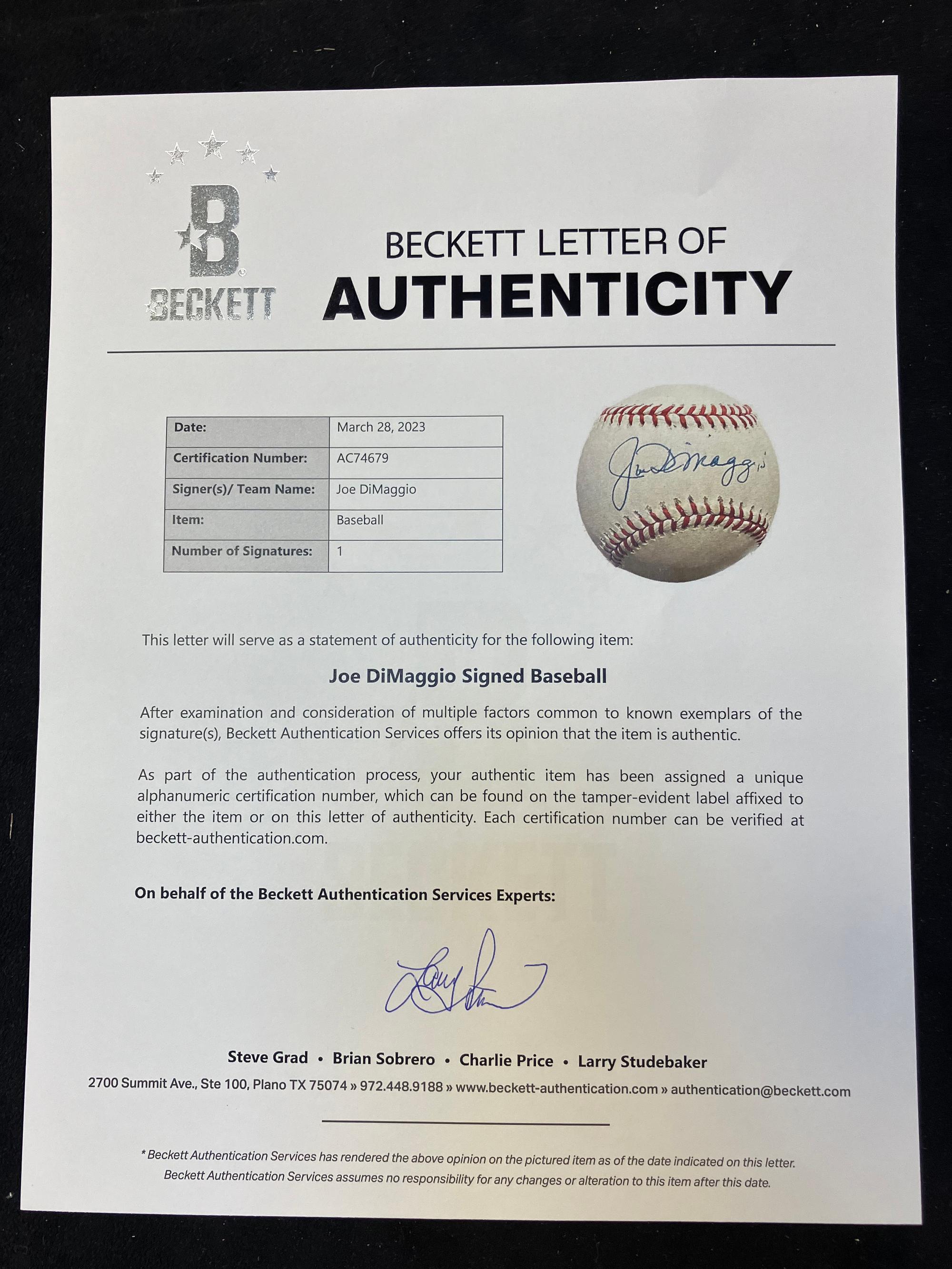 A Joe DiMaggio Single Signed Autograph Baseball (Beckett Authentication Services Letter),