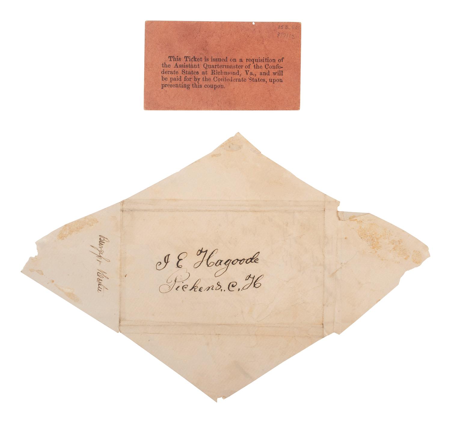 [CIVIL WAR -- CONFEDERACY]. A cover to the 2nd South Carolina Cavalry, "Hampton's Brigade" with an unused Soldier's Ticket.