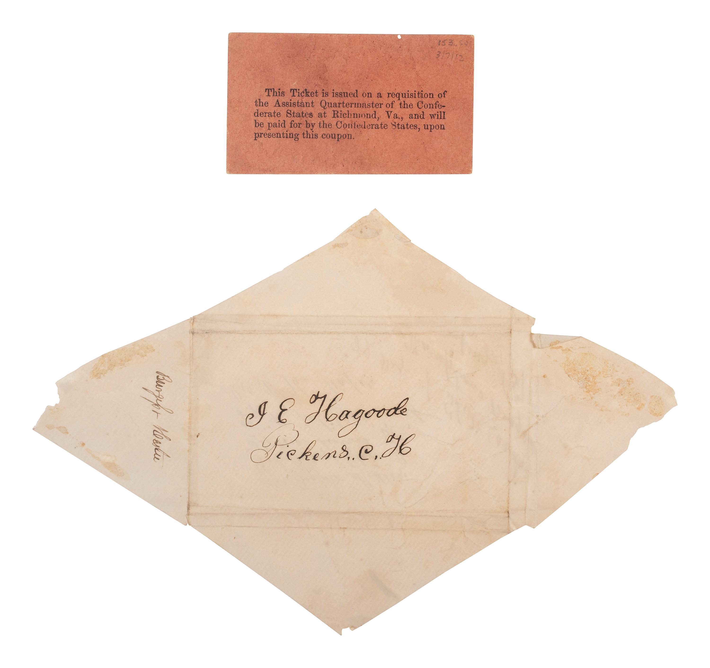 [CIVIL WAR -- CONFEDERACY]. A cover to the 2nd South Carolina Cavalry, "Hampton's Brigade" with an unused Soldier's Ticket.