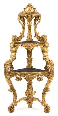 An Italian Rococo Carved Giltwood Corner Etagere Height 86 x width 37 x depth 22 inches. — EARLY 19TH CENTURY