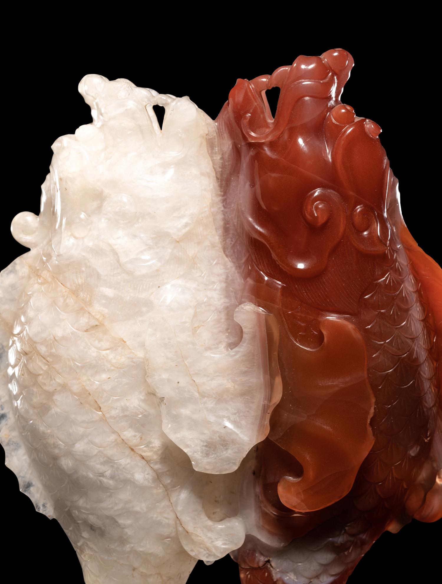 Two Chinese Amber Carvings and An Agate Carving of Double Fish