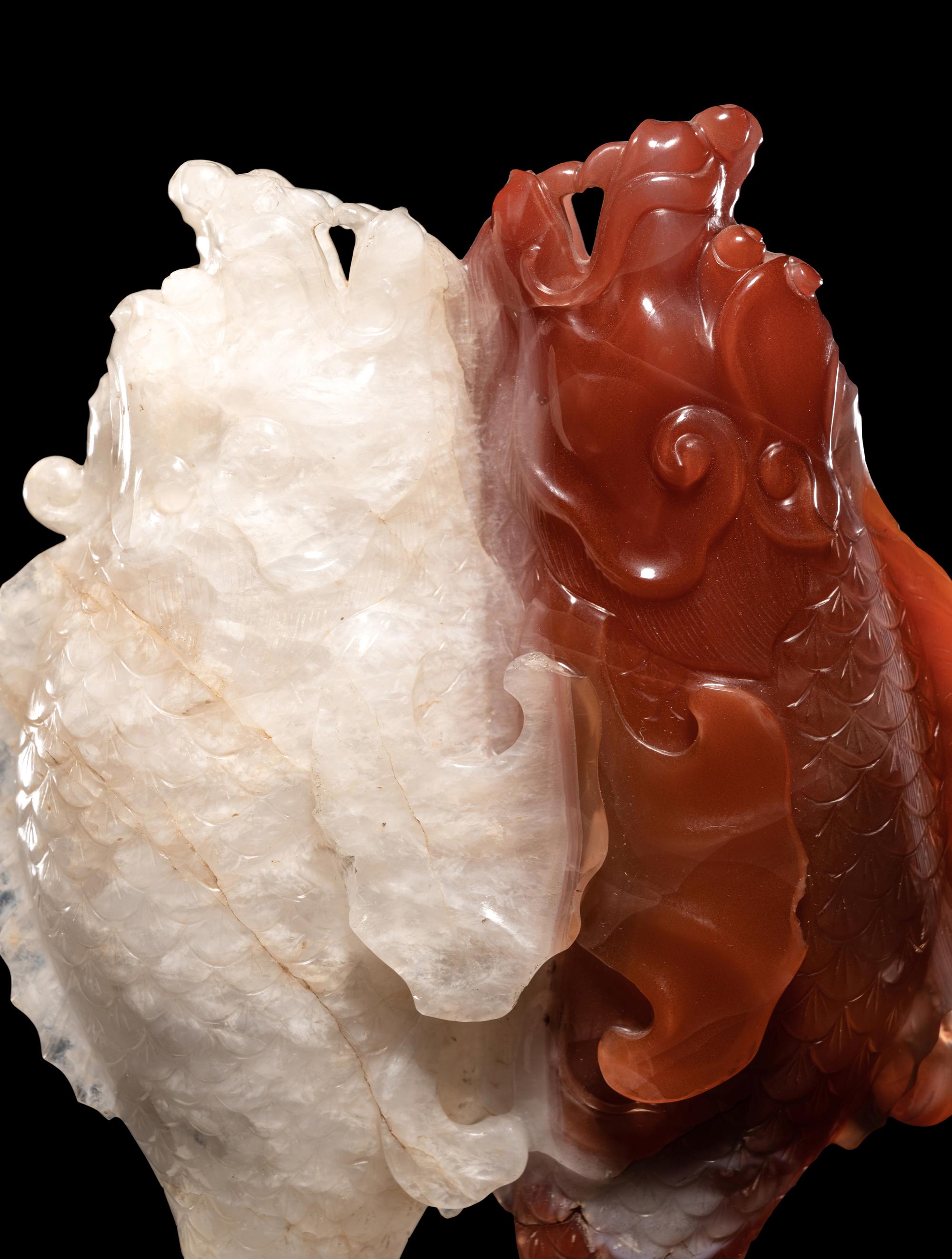 Two Chinese Amber Carvings and An Agate Carving of Double Fish