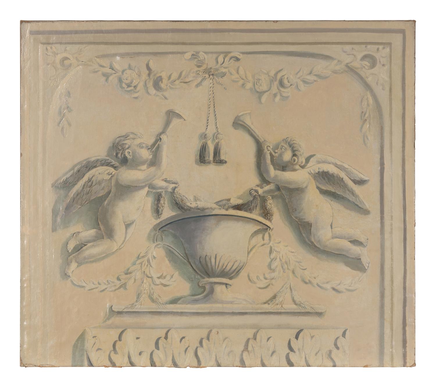 A French Grisaille-Painted Canvas Fire Board