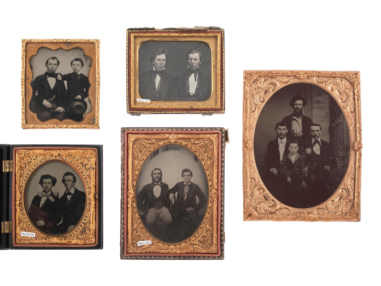 [EARLY PHOTOGRAPHY]. 5 daguerreotypes, ambrotypes, & tintypes featuring groups of male subjects.