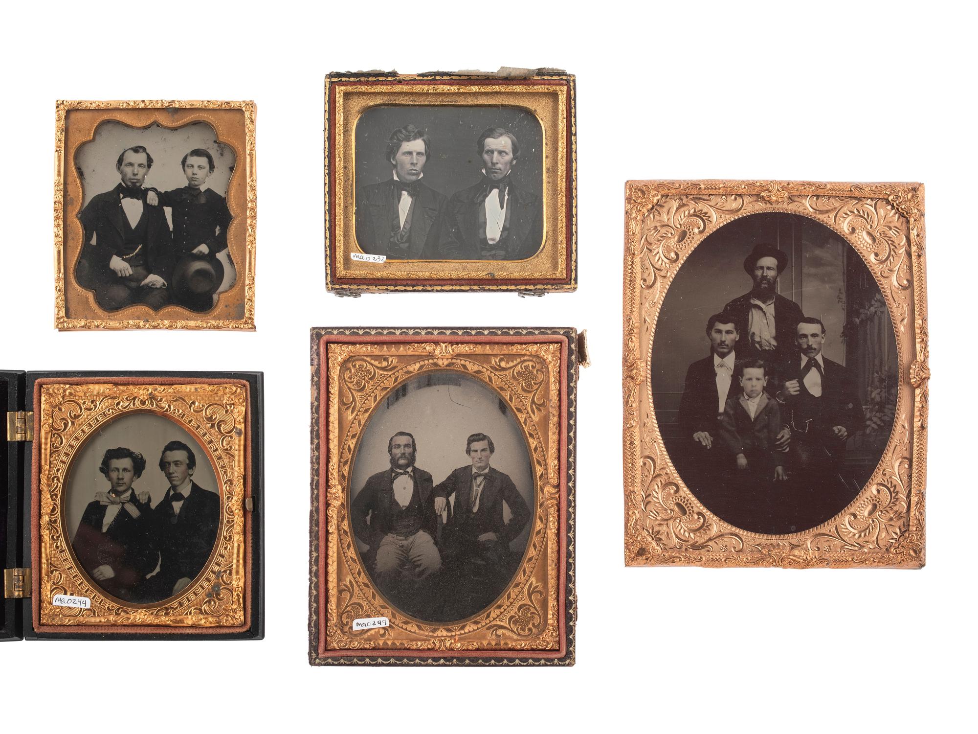 [EARLY PHOTOGRAPHY]. 5 daguerreotypes, ambrotypes, & tintypes featuring groups of male subjects.