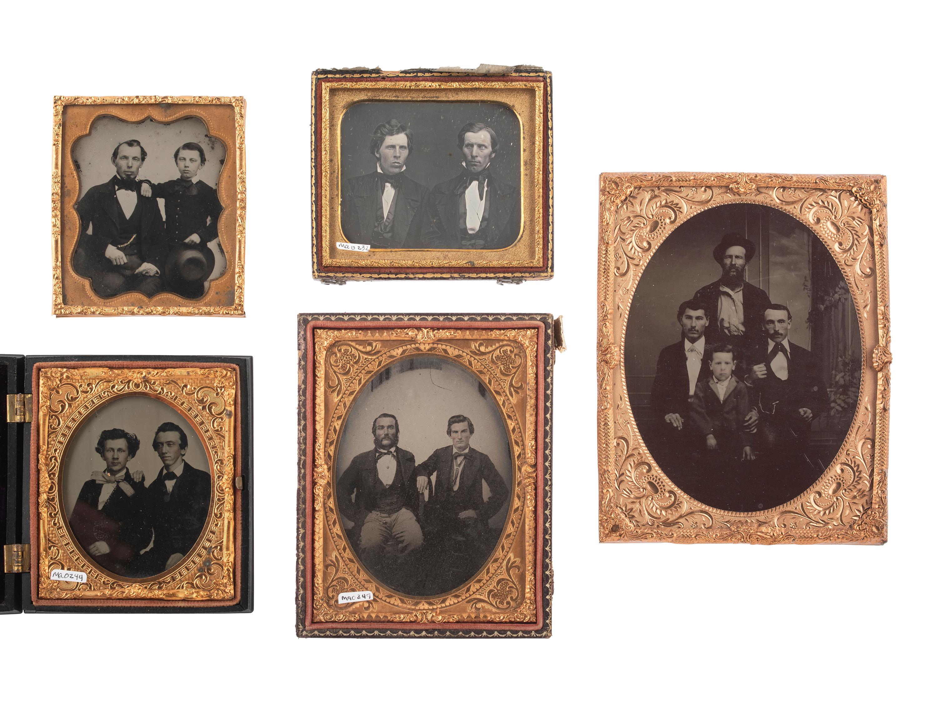 [EARLY PHOTOGRAPHY]. 5 daguerreotypes, ambrotypes, & tintypes featuring groups of male subjects.