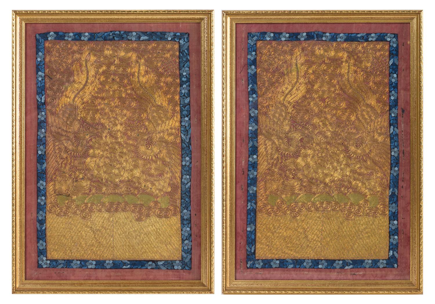 A Pair of Chinese Embroidered Silk Panels 15 1/4 x 10 1/4 inches.