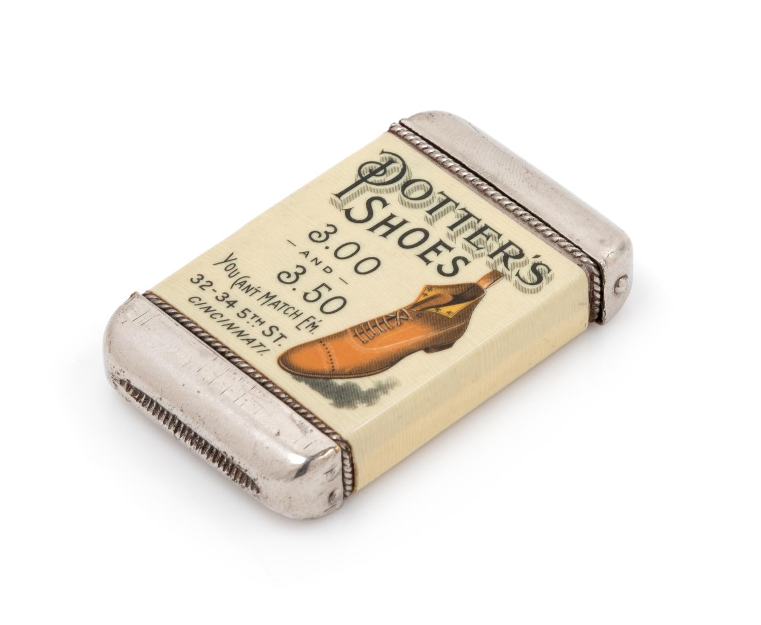 An American Johnson & Murphy Shoes Celluloid and Mixed Metal Advertisement Match Safe Height 2 1/2 inches. — LATE 19TH/EARLY 20TH CENTURY