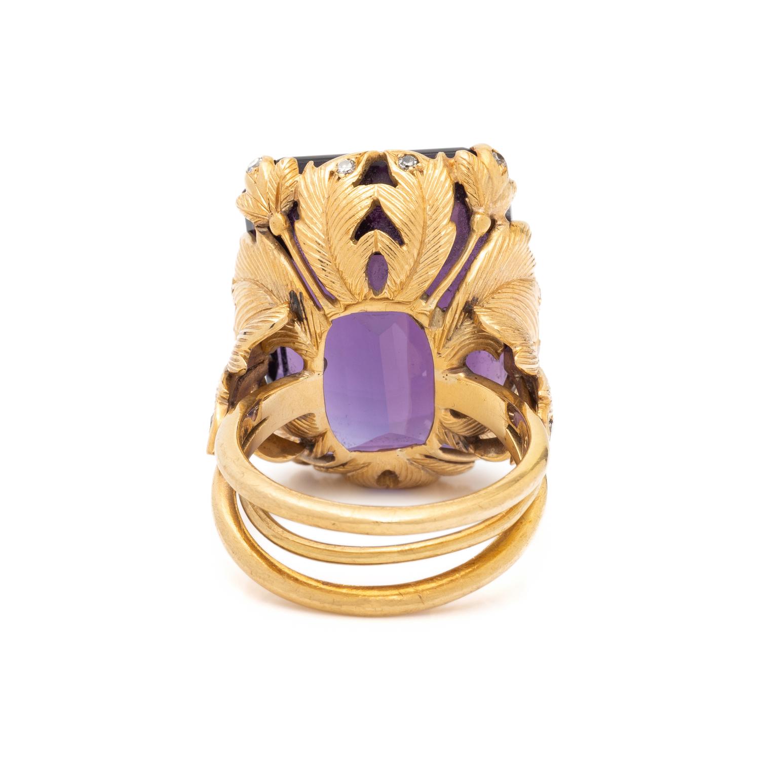 AMETHYST, DIAMOND, AND YELLOW GOLD RING