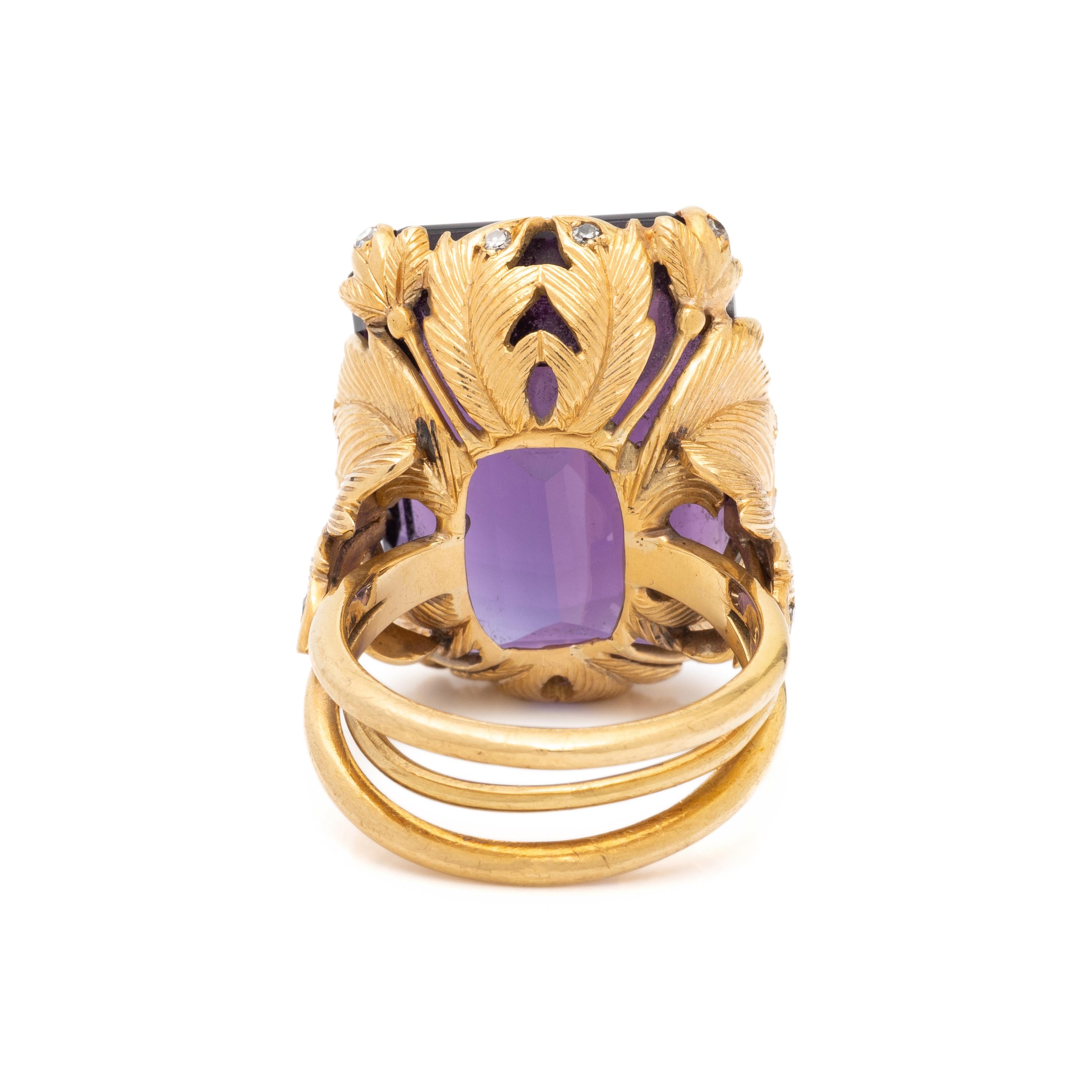 AMETHYST, DIAMOND, AND YELLOW GOLD RING
