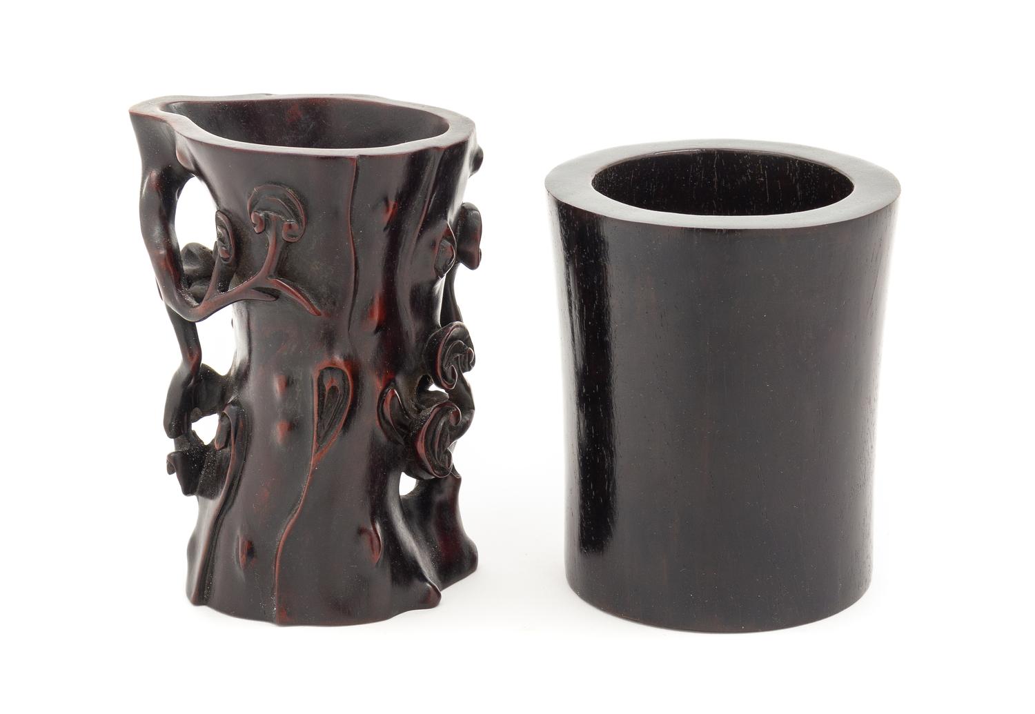 Two Chinese Rosewood Brush Pots, Bitong Height of taller 5 1/4 inches. — 19TH-20TH CENTURY