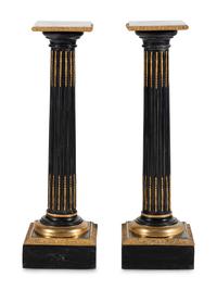 A Pair of Gilt Metal Mounted Marble-Top Pedestals
