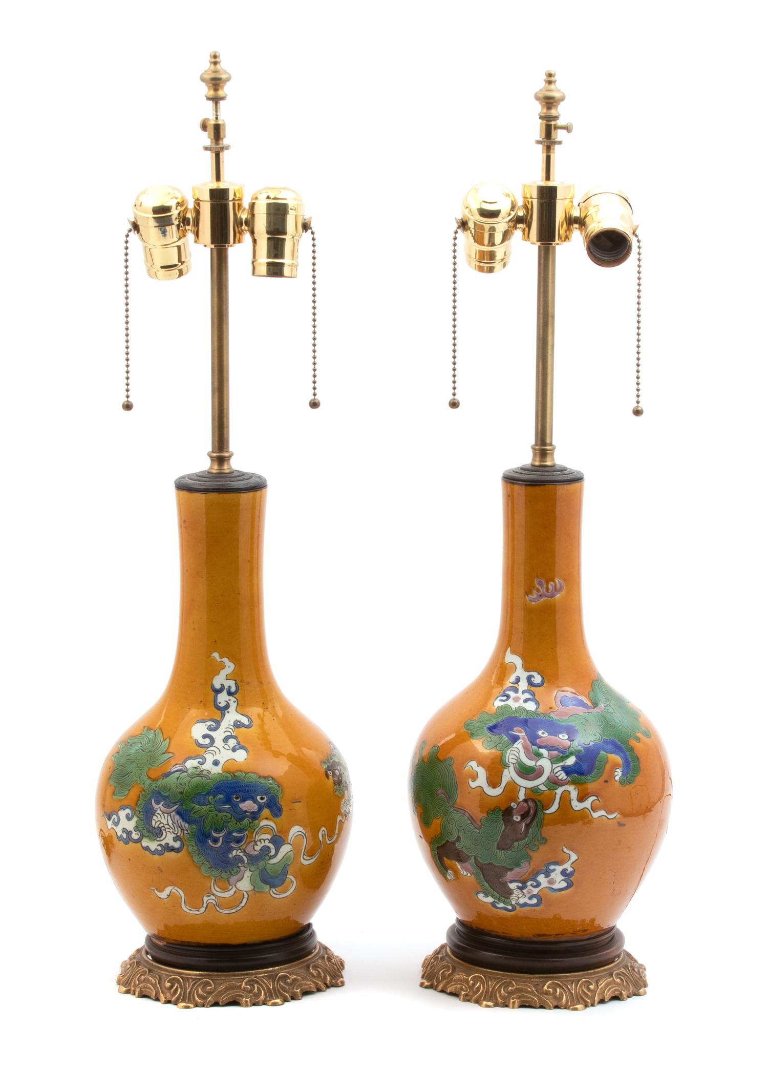 A Pair of Chinese Glazed Porcelain Vases Mounted as Lamps — 19TH CENTURY