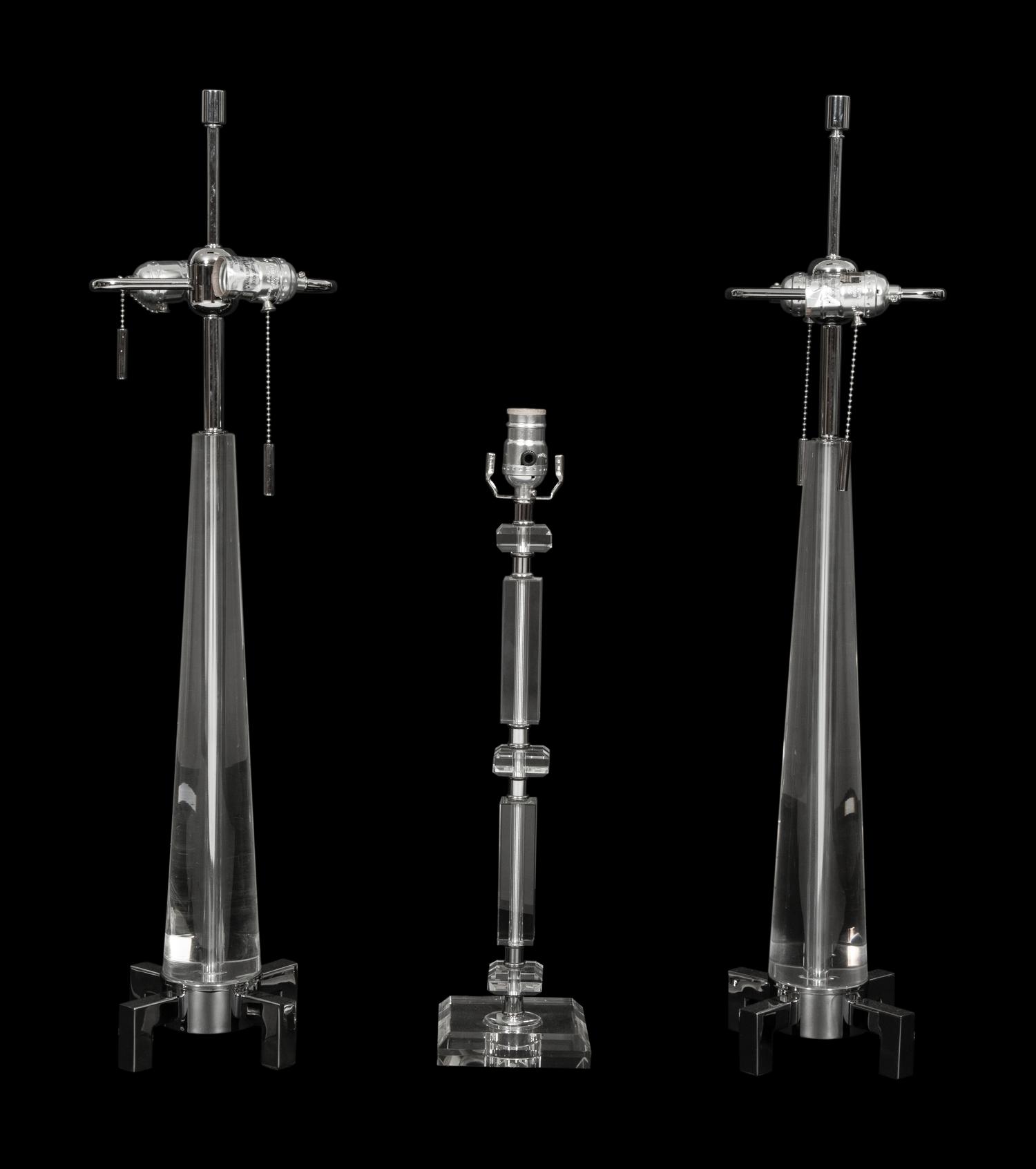 A Pair of Acrylic and Chrome Table Lamps and Another Single Table Lamp