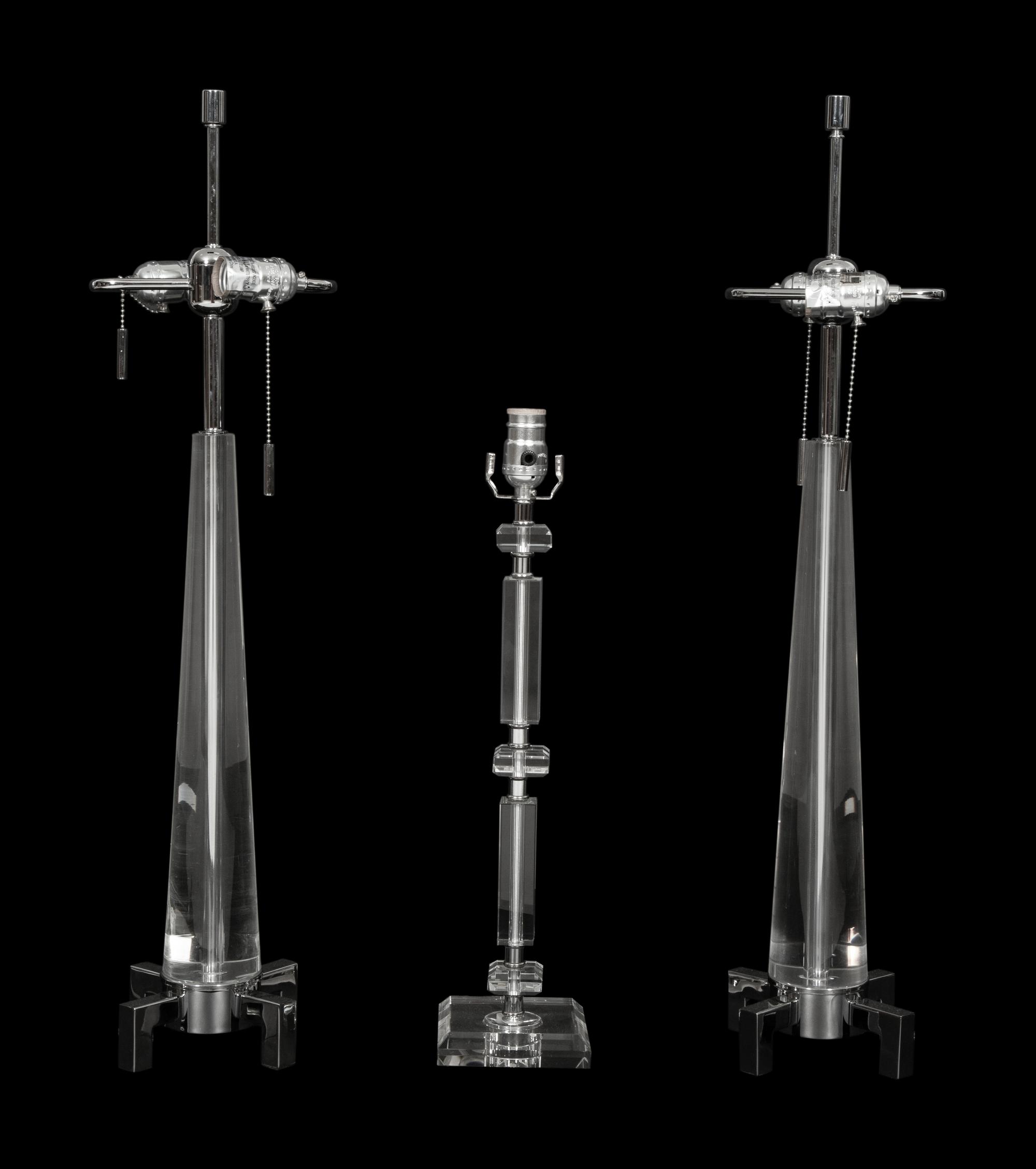 A Pair of Acrylic and Chrome Table Lamps and Another Single Table Lamp