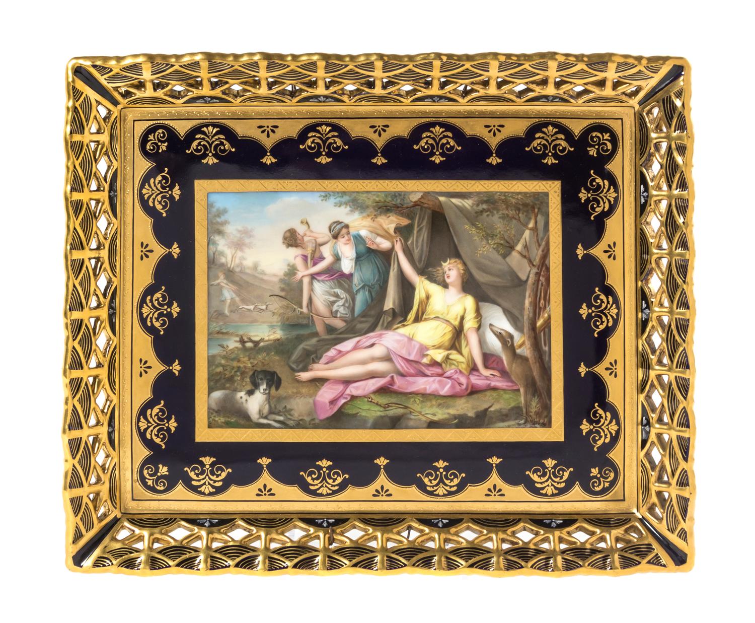 A Royal Vienna Style Porcelain Tray, Height 10 3/4 x width 13 inches.