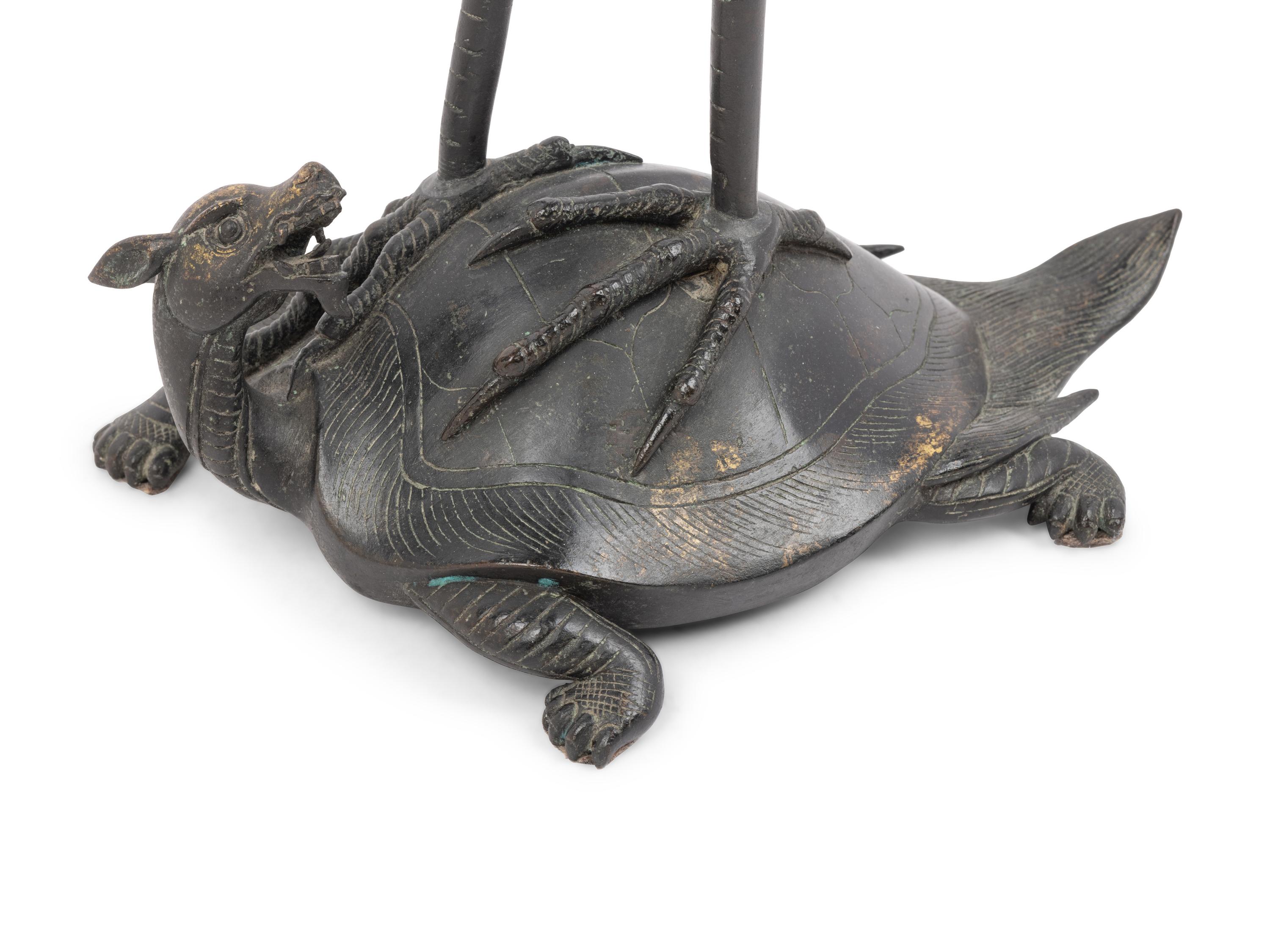 A Japanese Bronze Figural Group of a Crane and a Turtle