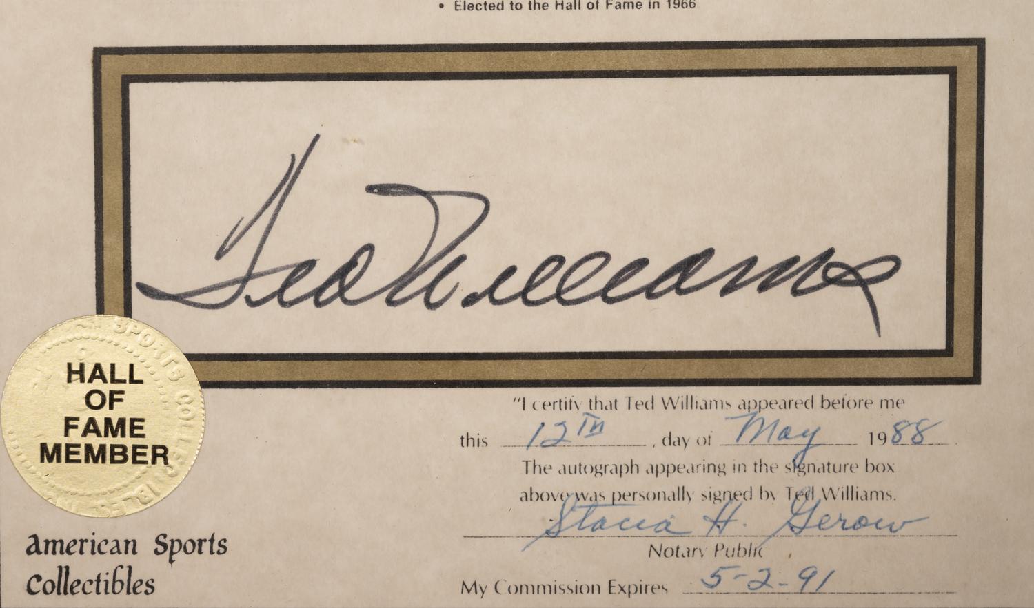 A Ted Williams Signed Autograph Career Statistics Display (Beckett Authentication Services Letter),