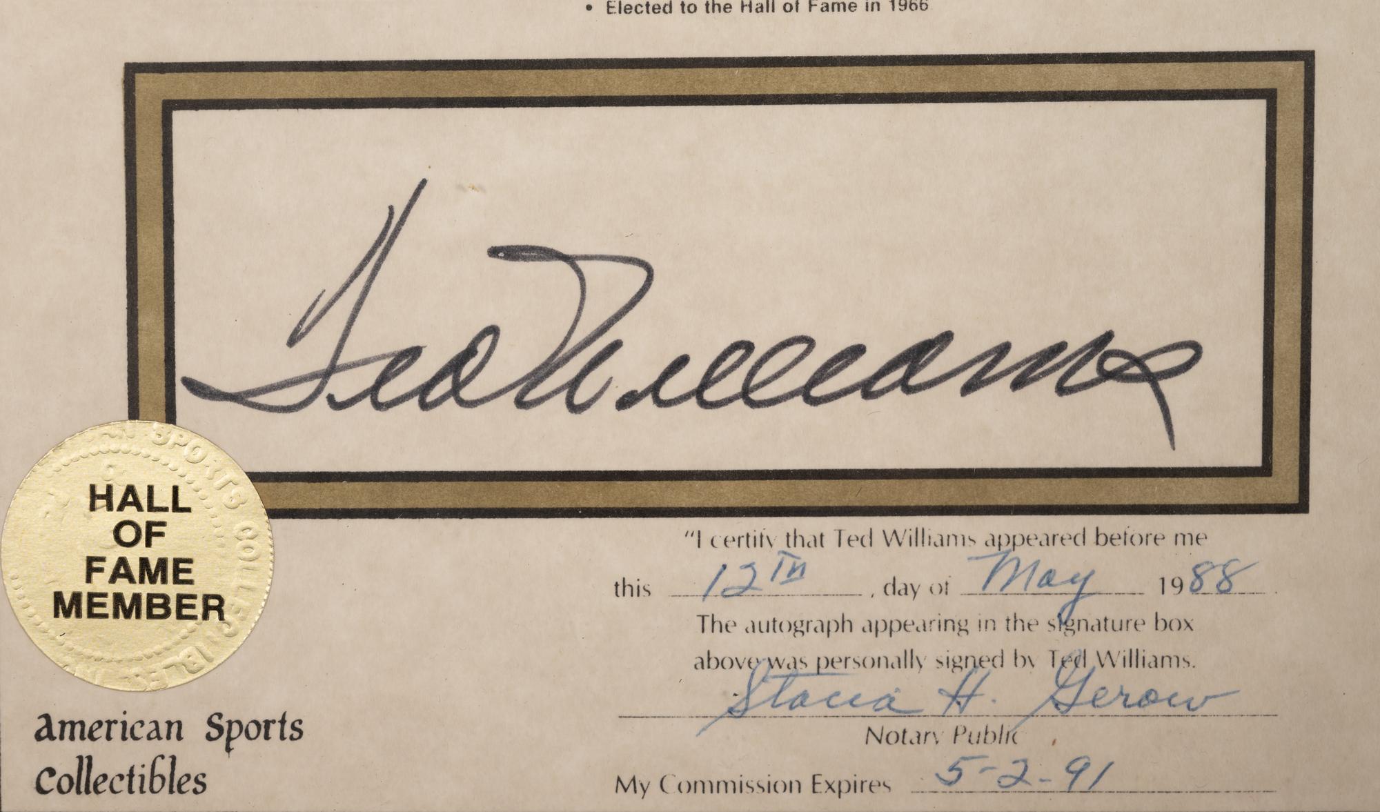 A Ted Williams Signed Autograph Career Statistics Display (Beckett Authentication Services Letter),