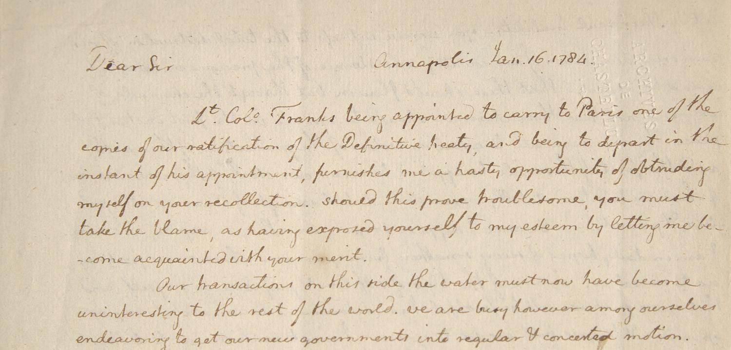 [American Revolution] Thomas Jefferson at the Birth of a New Nation: An Important Letter Carried by a Jewish Patriot Communicating the Definitive Treaty of Paris, Projecting American Stability, and Preparations for the Publication of His “Notes on the State of Virginia”, January 16, 1784