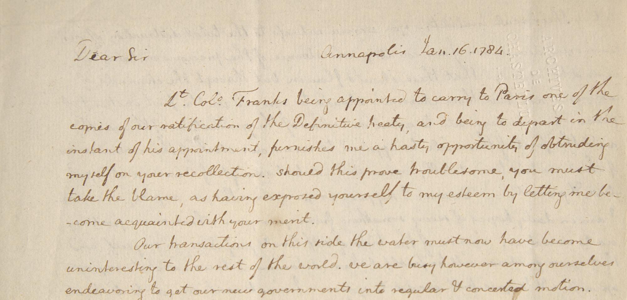 [American Revolution] Thomas Jefferson at the Birth of a New Nation: An Important Letter Carried by a Jewish Patriot Communicating the Definitive Treaty of Paris, Projecting American Stability, and Preparations for the Publication of His “Notes on the State of Virginia”, January 16, 1784