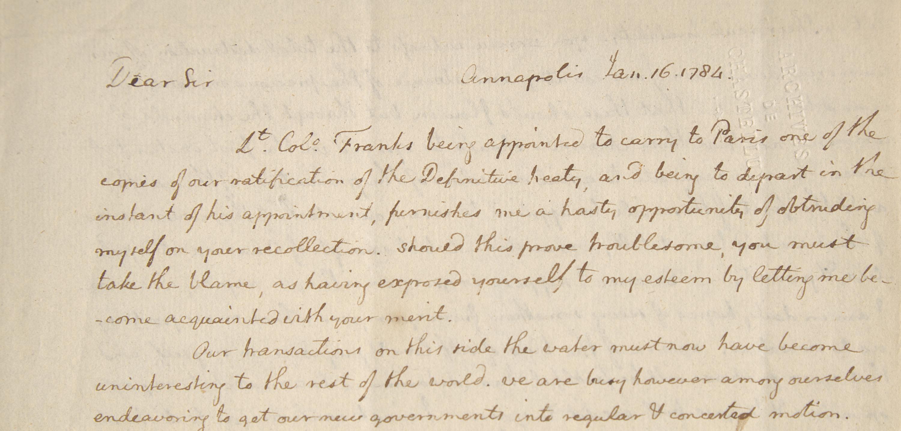 [American Revolution] Thomas Jefferson at the Birth of a New Nation: An Important Letter Carried by a Jewish Patriot Communicating the Definitive Treaty of Paris, Projecting American Stability, and Preparations for the Publication of His “Notes on the State of Virginia”, January 16, 1784