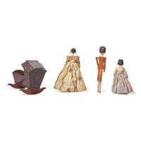 A Group of Three Peg Wooden Dolls and a Miniature Wood Cradle