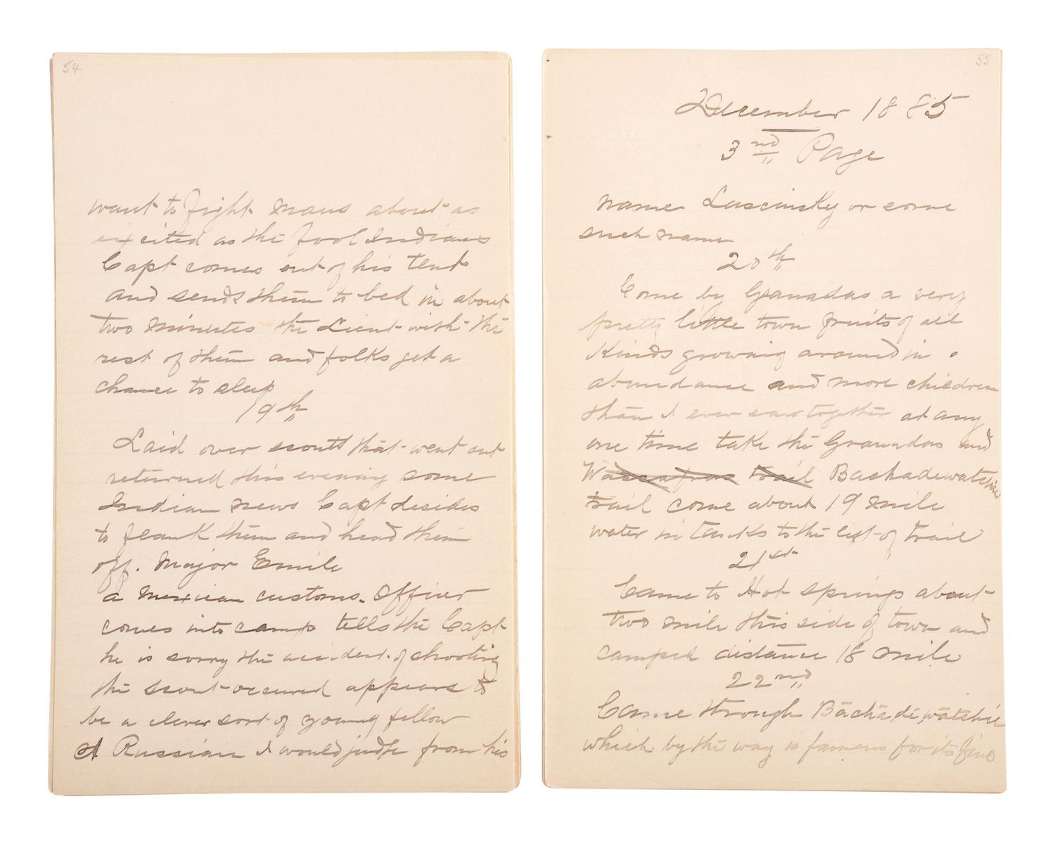 [GERONIMO] - [LATE INDIAN WARS]. DALY, Henry W. (1850-1931). Diary of Campaign against Hostile Apaches in 1885-6 with Capt. Emmet Crawford, by Henry W. Daly Pack Master. [Cheyenne, WY], 29 May 1885 to 28 March 1886.