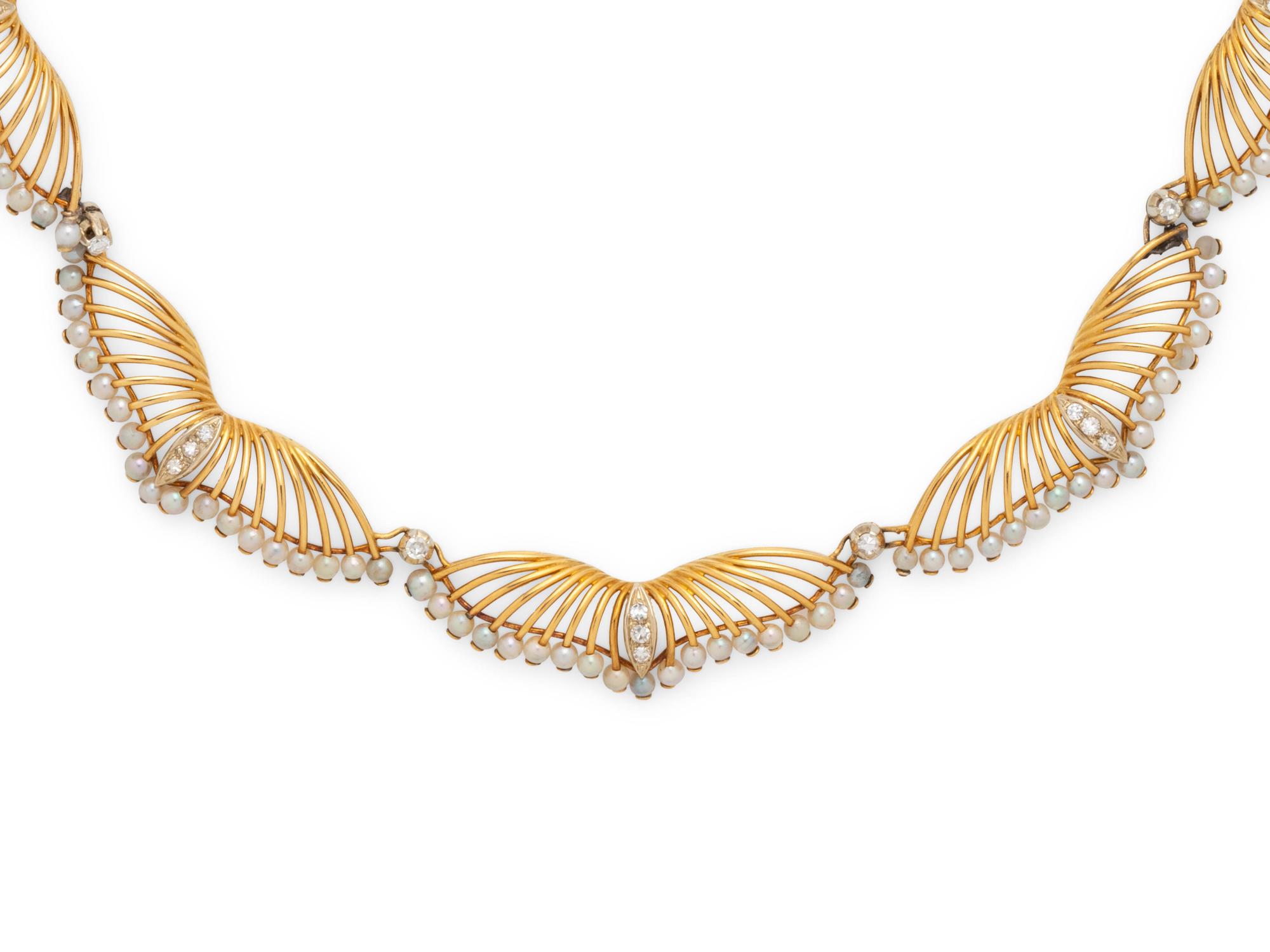 YELLOW GOLD, CULTURED PEARL AND DIAMOND SET