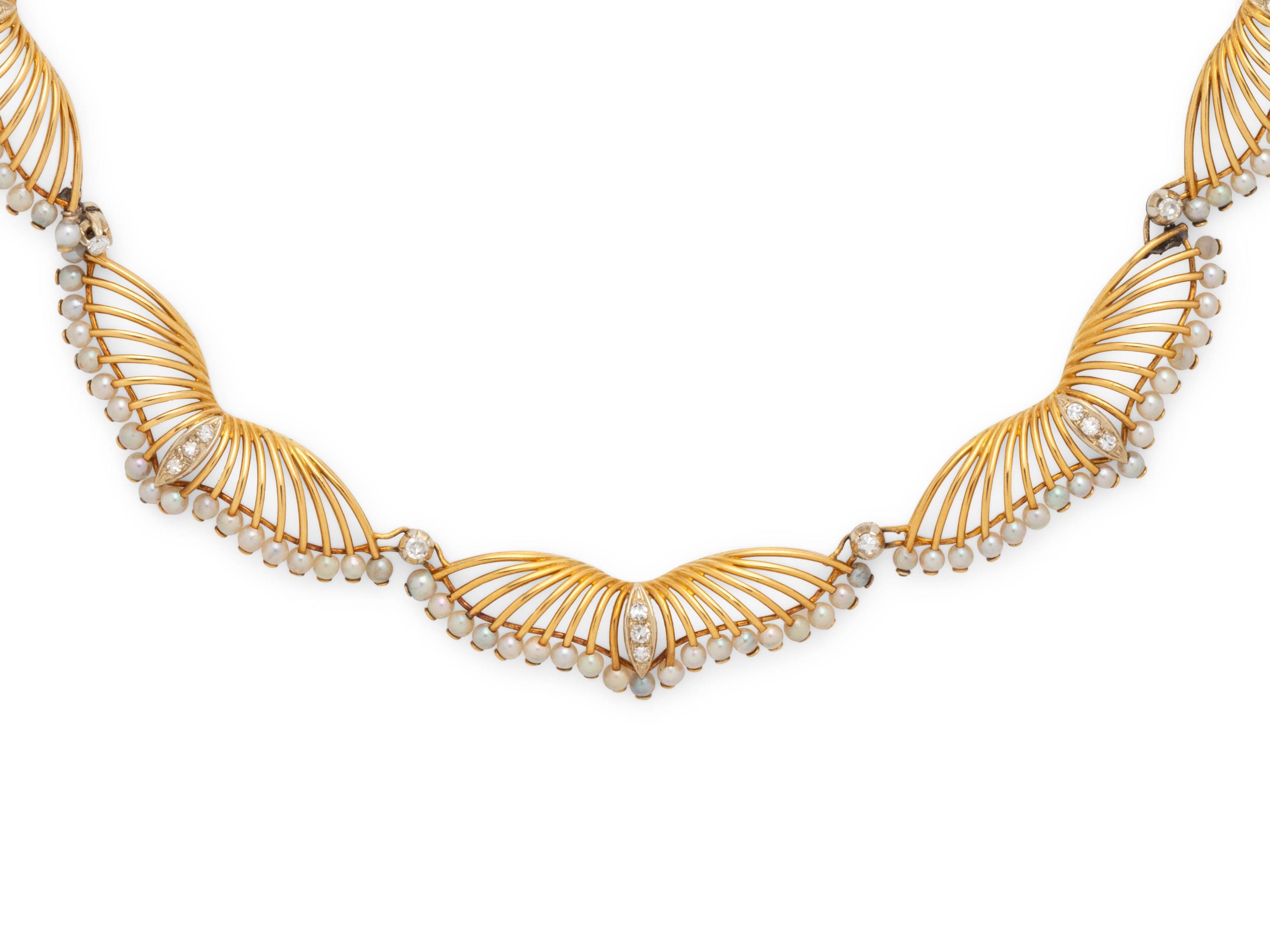 YELLOW GOLD, CULTURED PEARL AND DIAMOND SET