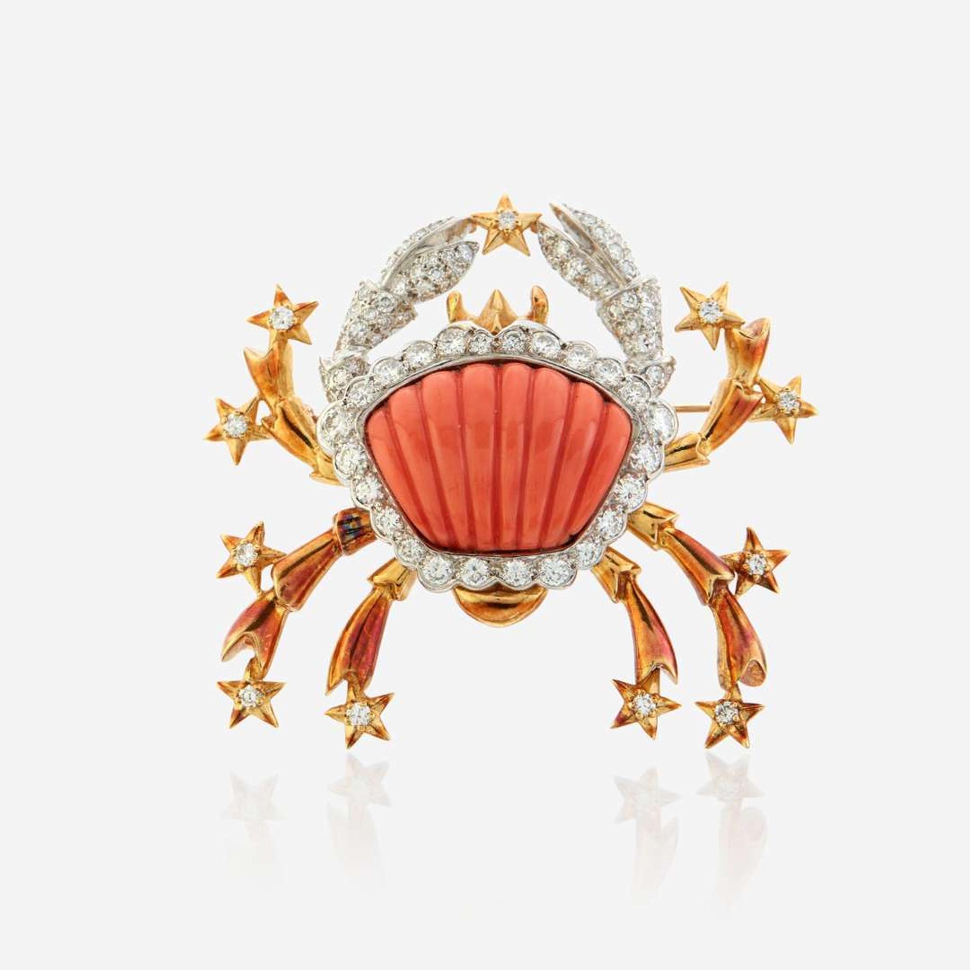 A coral, diamond, and bicolor gold pendant/brooch