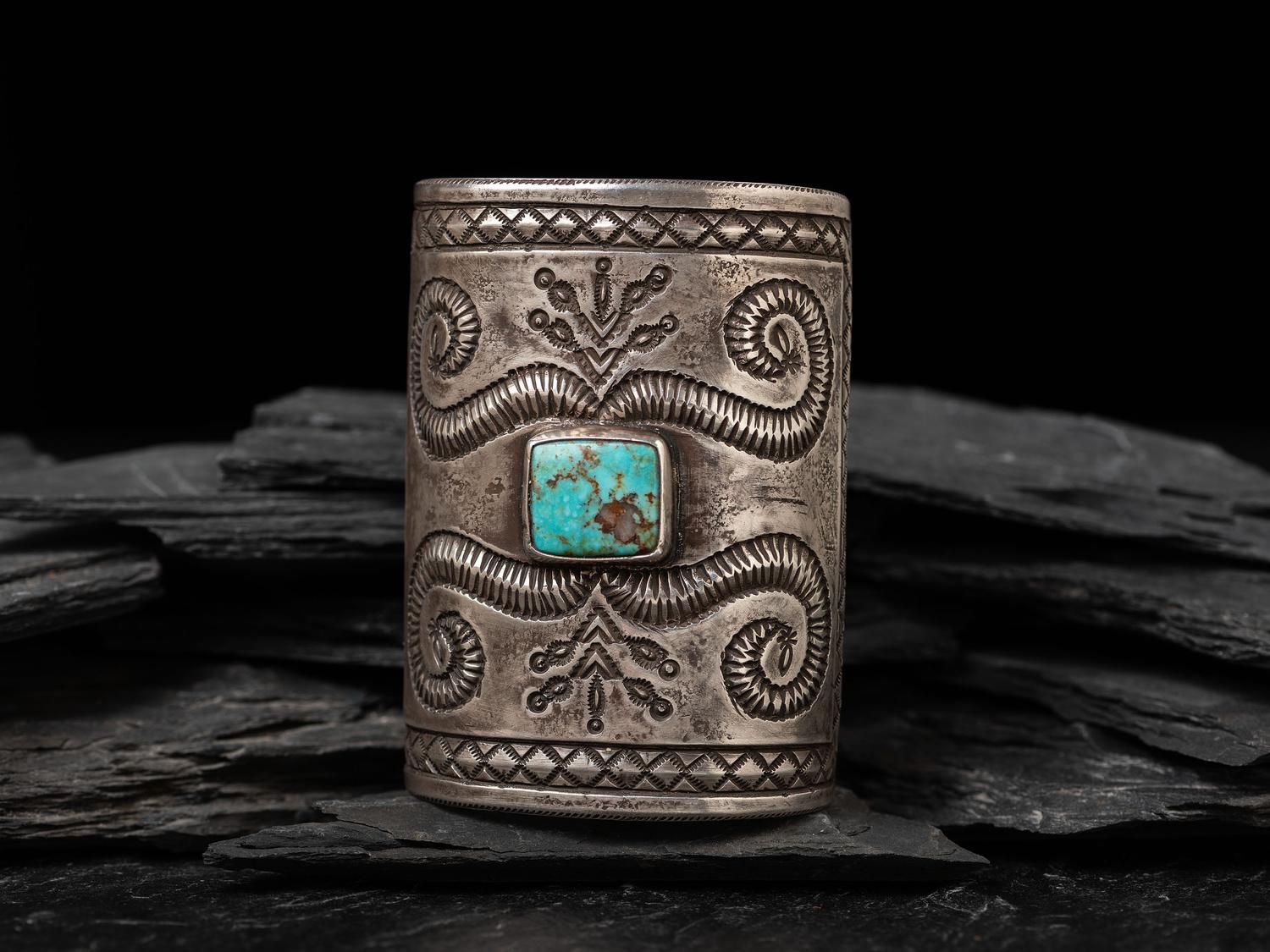 Wide Heavily Stamped Navajo Cuff Bracelet, with Turquoise