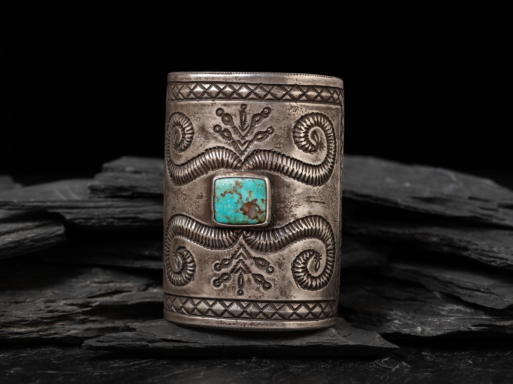 Wide Heavily Stamped Navajo Cuff Bracelet, with Turquoise