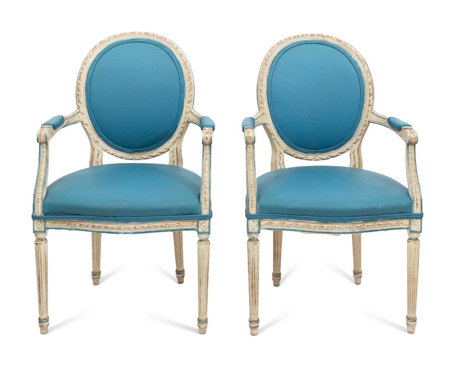 A Pair of Louis XVI Style White-Painted Medallion-Back Fauteuils