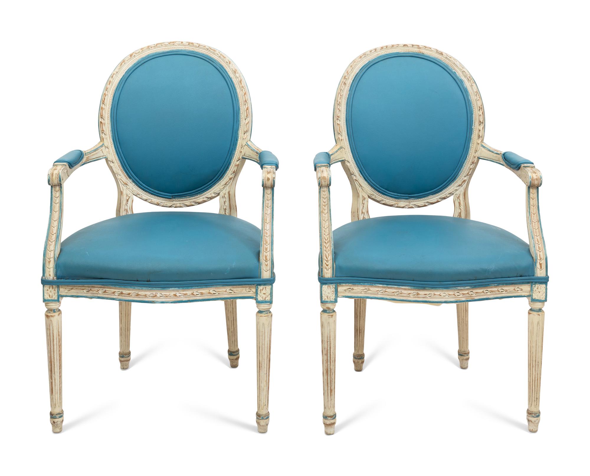A Pair of Louis XVI Style White-Painted Medallion-Back Fauteuils
