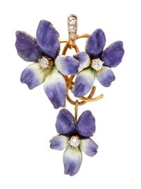 A 14 Karat Yellow Gold, Polychrome Enamel and Diamond Violet Pendant/Brooch, 5.60 dwts.