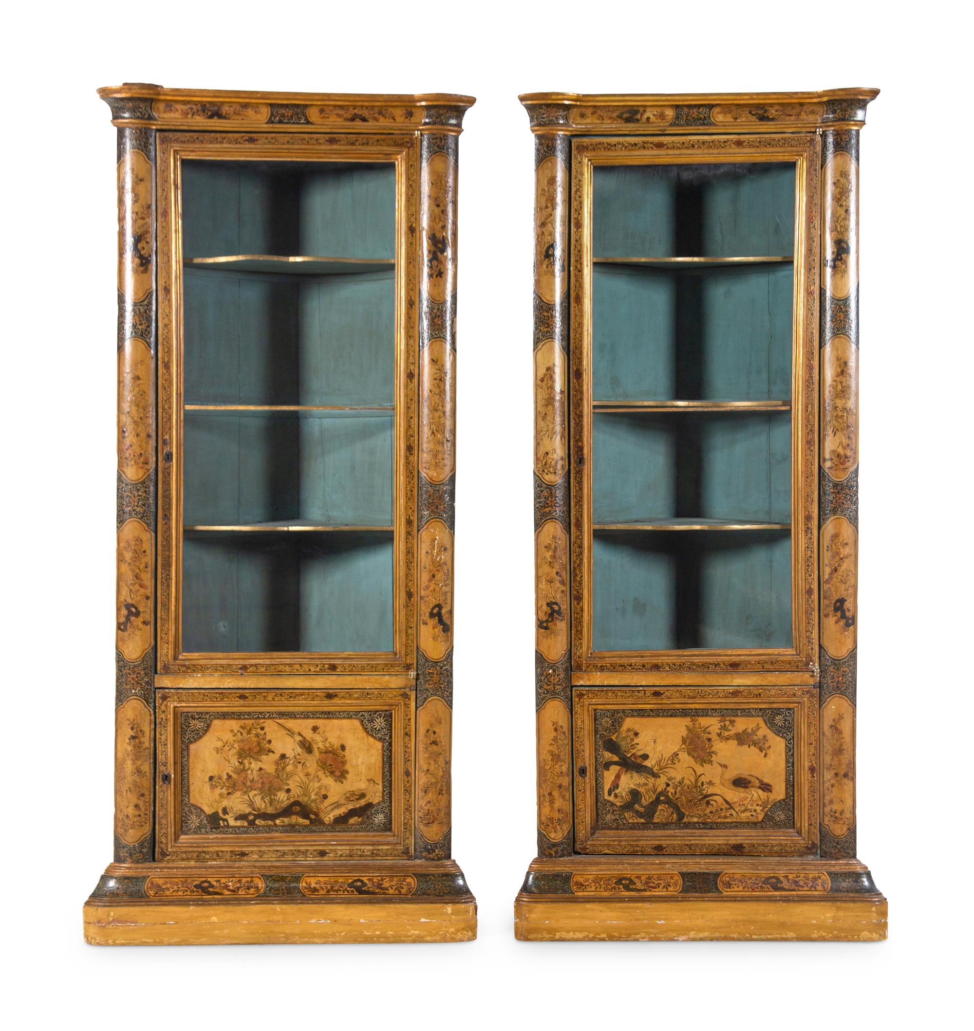 A Pair of Continental Chinoiserie Decorated Corner Cabinets